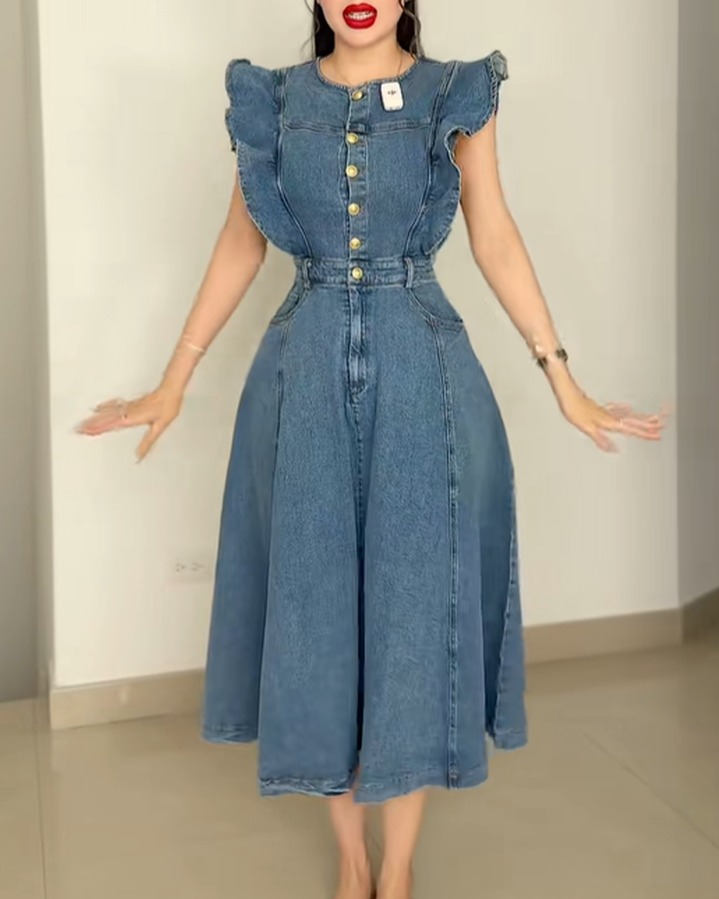 Waist Tie Ruffle Sleeve Button Front Denim Skirt