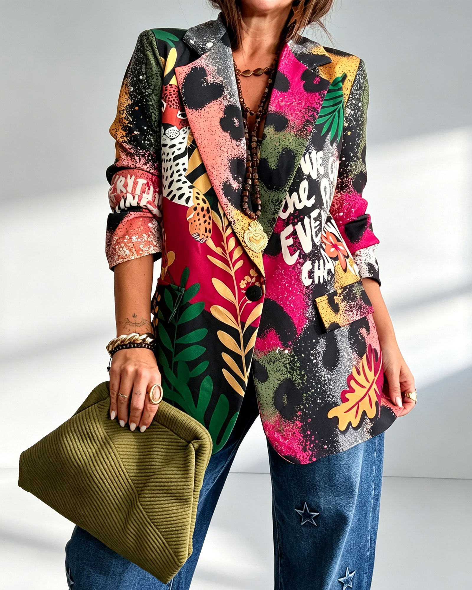 Color Block Asymmetric Blazer With Animal Print And Lapel Collar