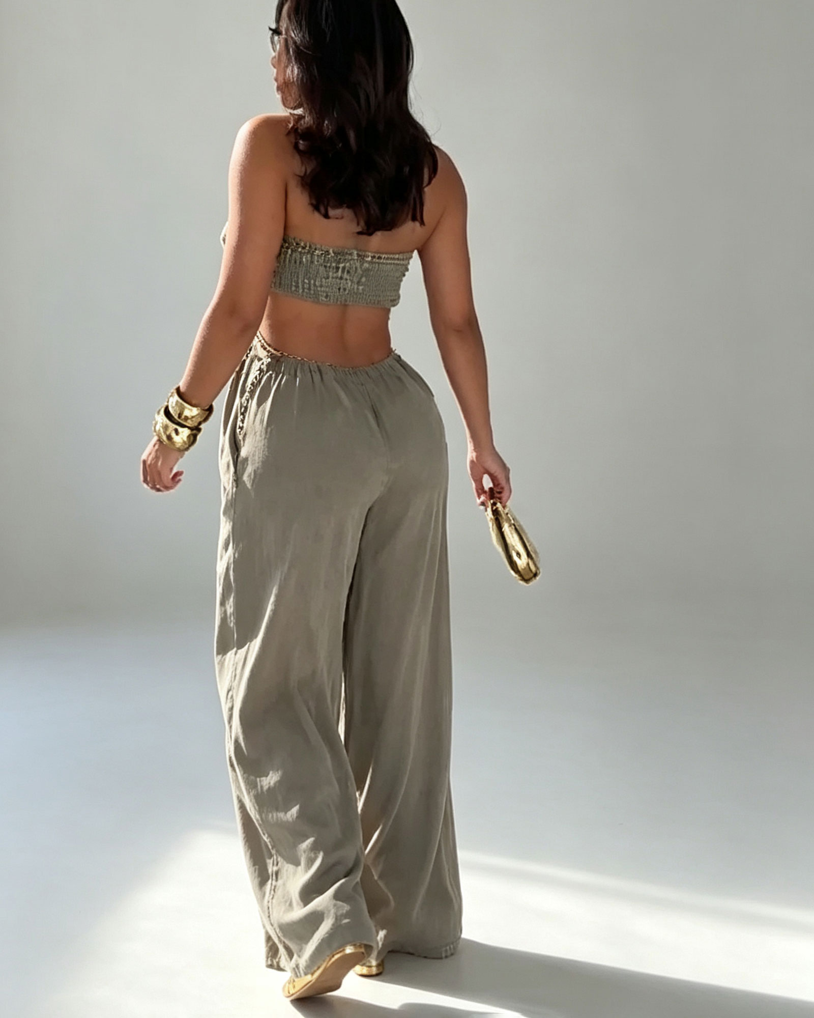 Denim Backless Deep V-Neck Cutout Pleated Wide-Leg Jumpsuit
