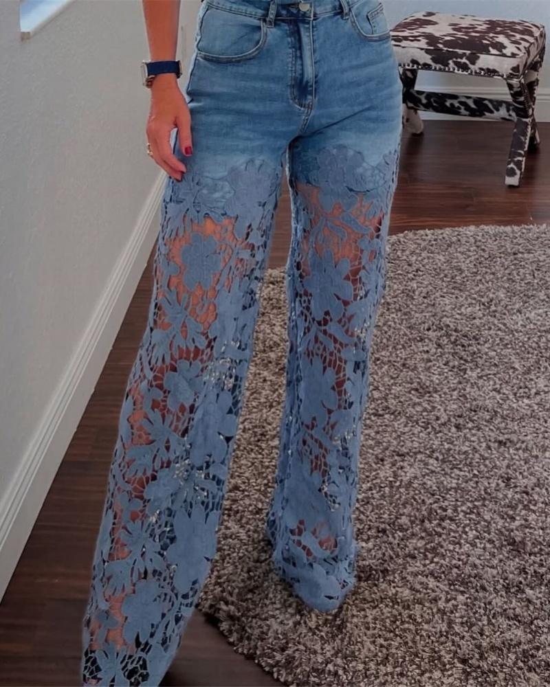 New See Through Lace Slim Straight Leg Jeans