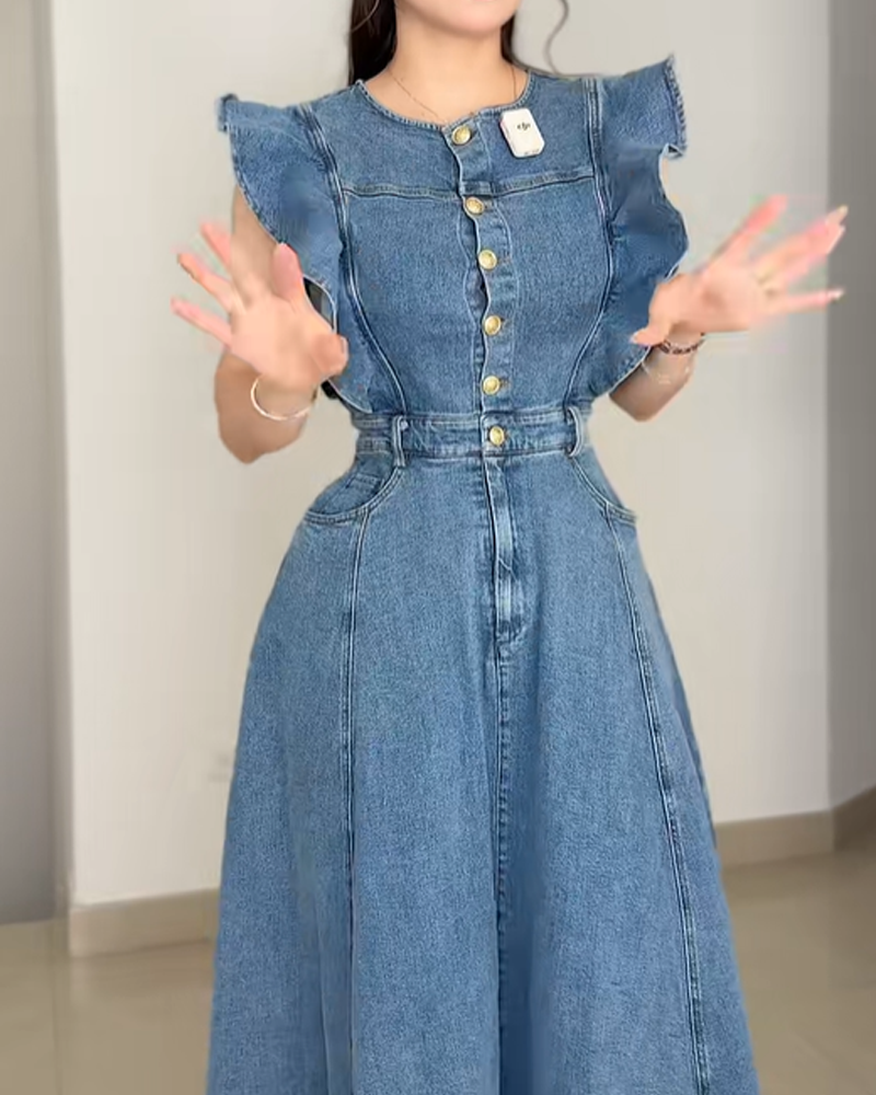 Waist Tie Ruffle Sleeve Button Front Denim Skirt