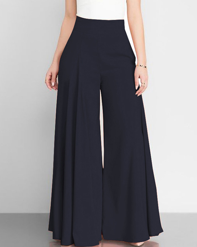 Solid Color High-Waisted Wide-Leg Pants