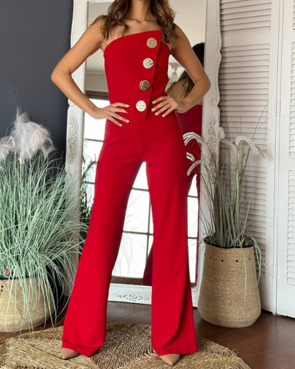 Sexy Tube Top Button-Decorated Flared Jumpsuit