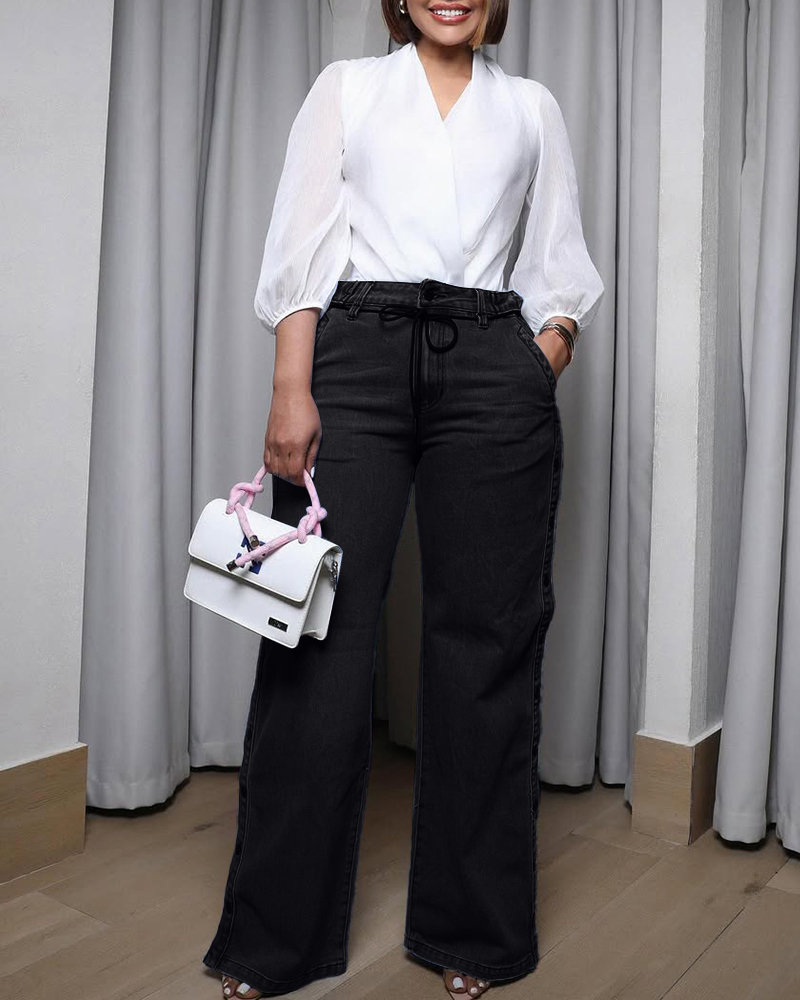 Women's Straight Leg Wide Legs High Waist Baggy Snap Button Side Jeans