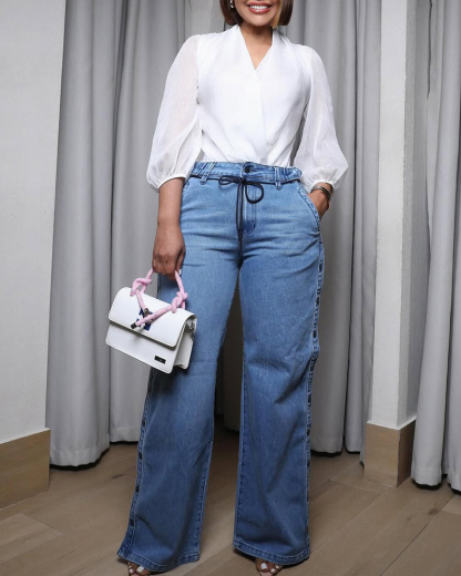 Women's Straight Leg Wide Legs High Waist Baggy Snap Button Side Jeans