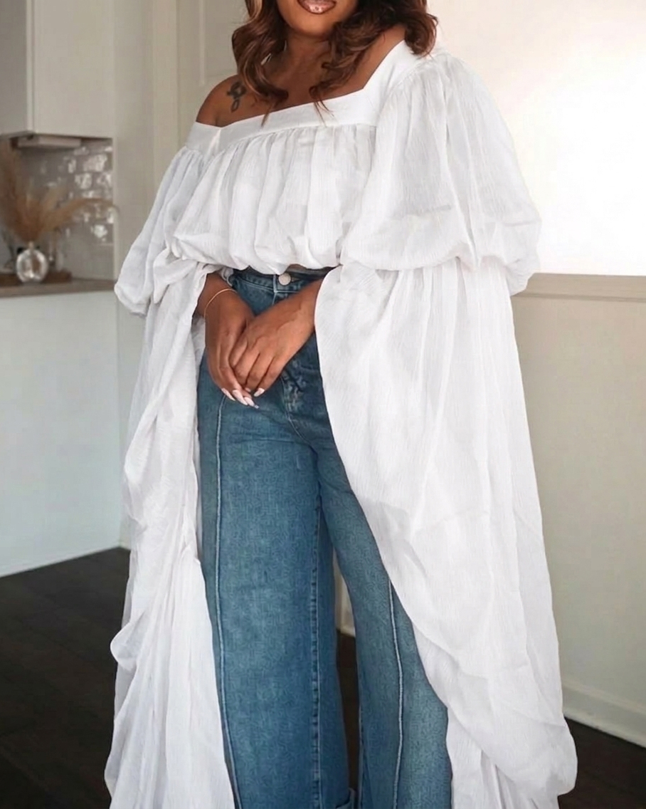 Square Neck Chiffon Ruffled Puff Sleeve Bubble Crop Top