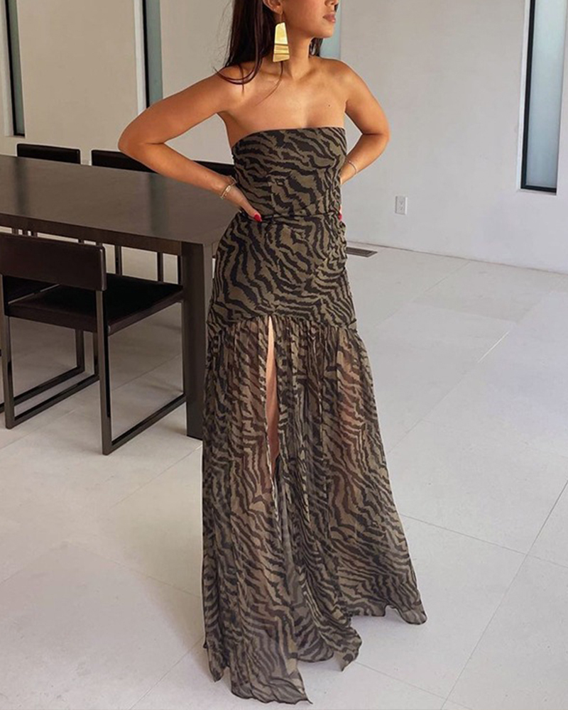 Strapless Leopard Print High-Slit Mesh Maxi Dress