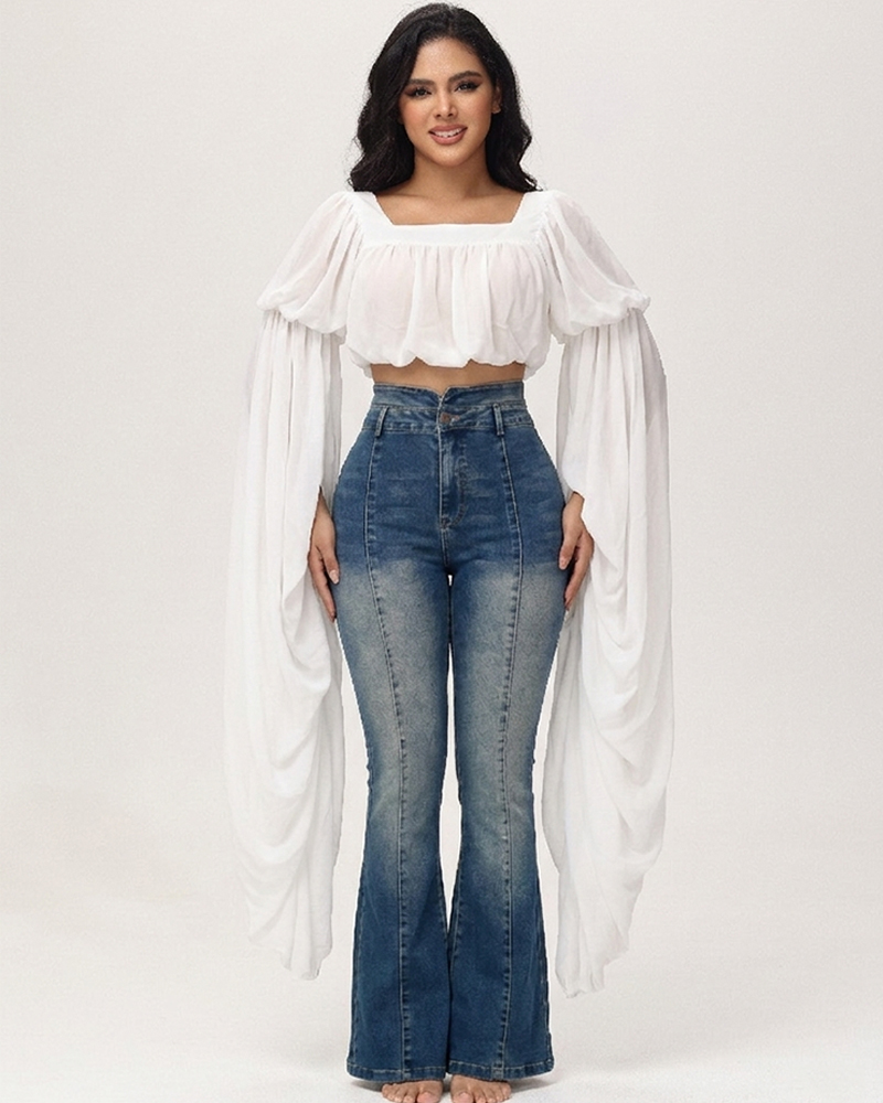Square Neck Chiffon Ruffled Puff Sleeve Bubble Crop Top