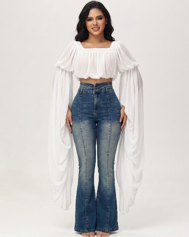 Square Neck Chiffon Ruffled Puff Sleeve Bubble Crop Top
