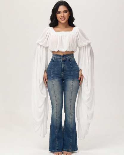 Square Neck Chiffon Ruffled Puff Sleeve Bubble Crop Top
