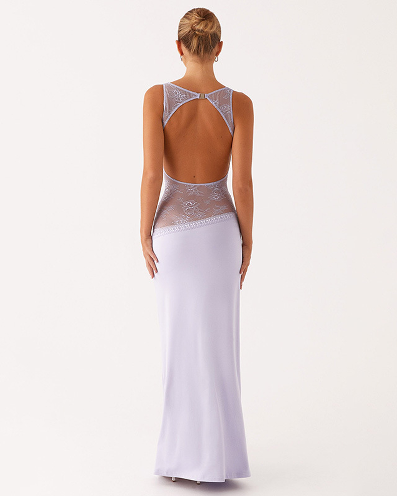Sexy Slim Lace Satin Patchwork Backless Maxi Dress