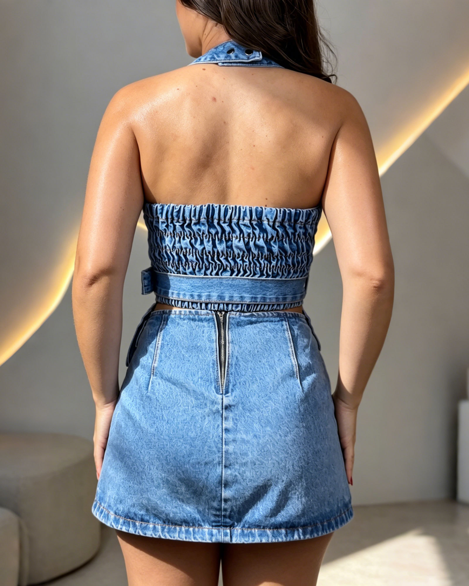 Denim Halter Vest & Mini Skirt 2-Piece Set