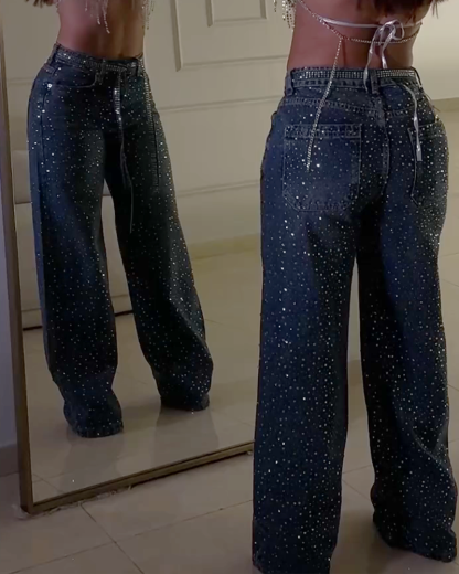 New Diamond-Studded Straight-Leg Jeans