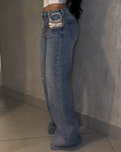 New Sparkling Diamond-Studded Straight-Leg Jeans