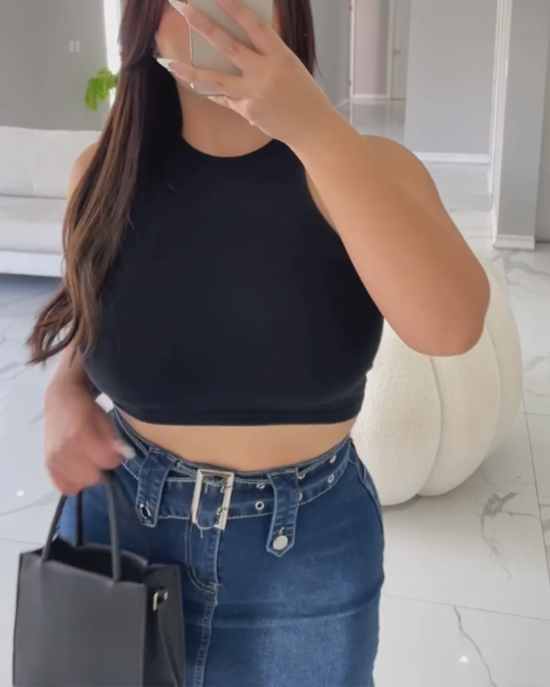 High Waisted Mini Slim Fit Denim Skirt With Shorts Underneath