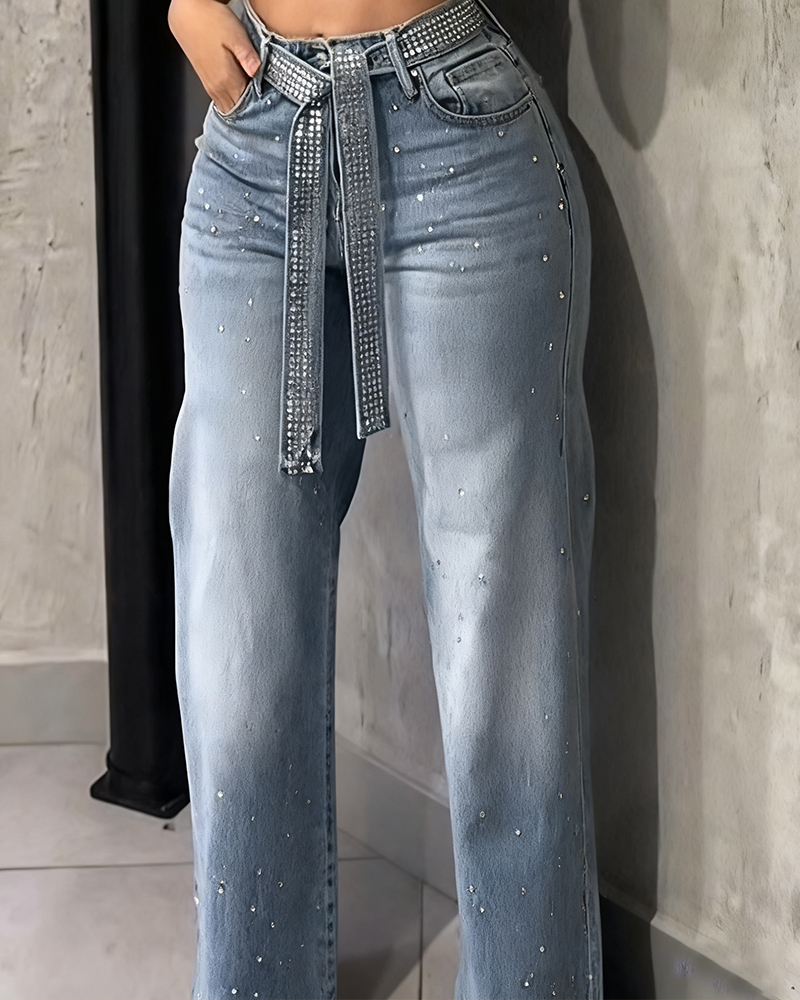Diamond-Studded Straight-Leg Jeans