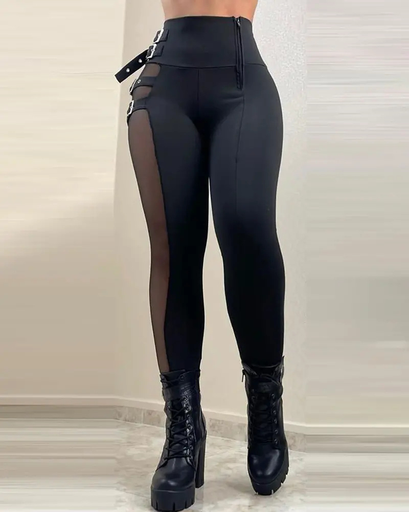 Skinny High Waist Buckled Mesh Leggings