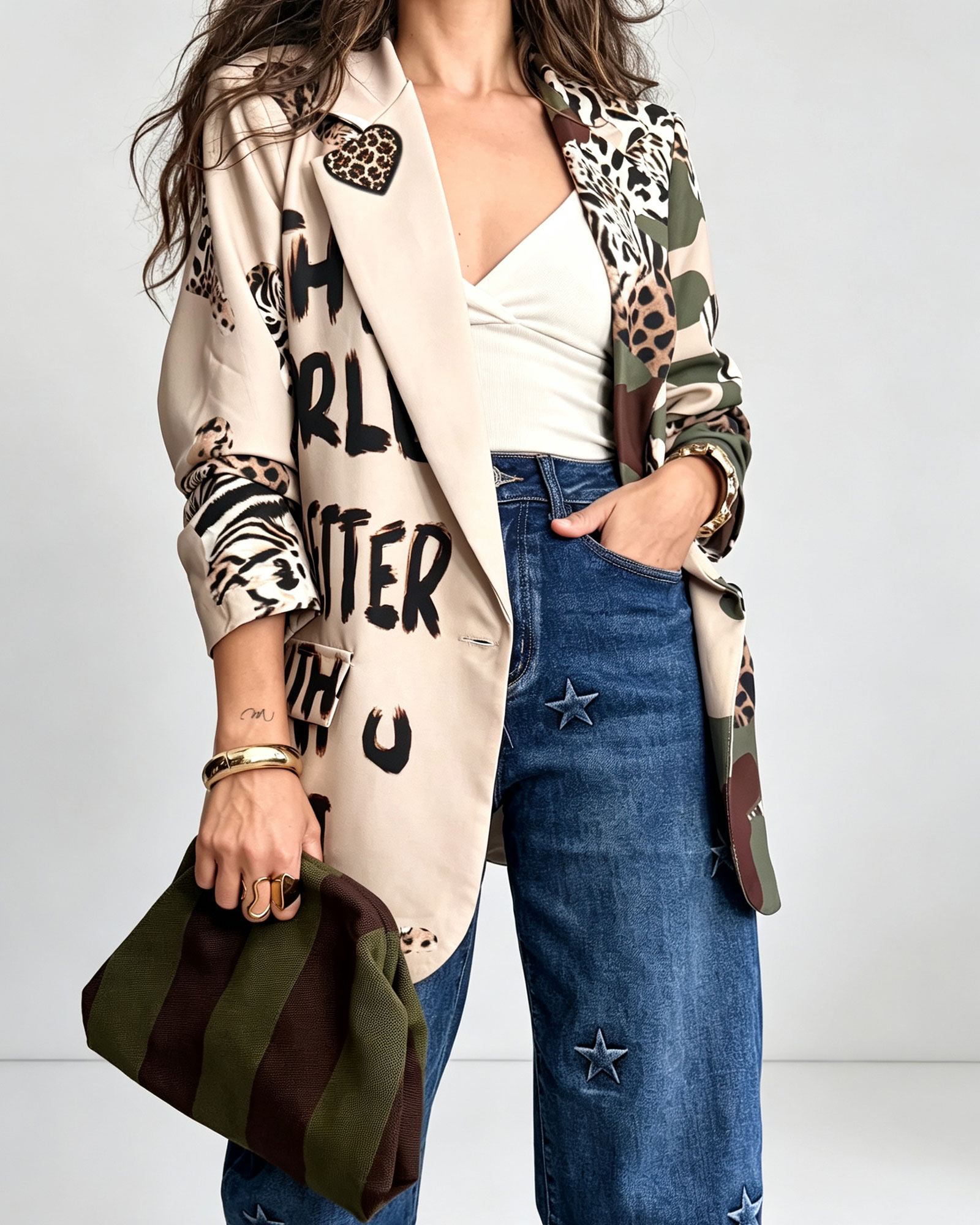 Color Block Asymmetric Blazer With Animal Print And Lapel Collar