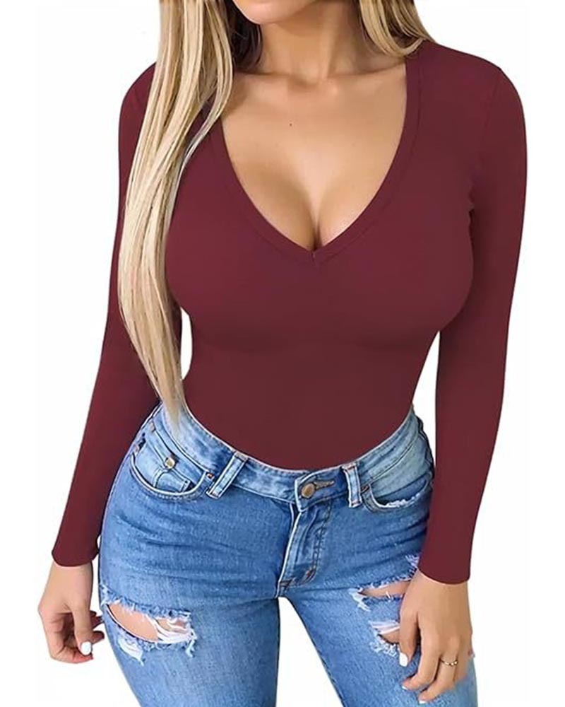 V-Neck Long Sleeve Form-Fitting Basic Bodysuit