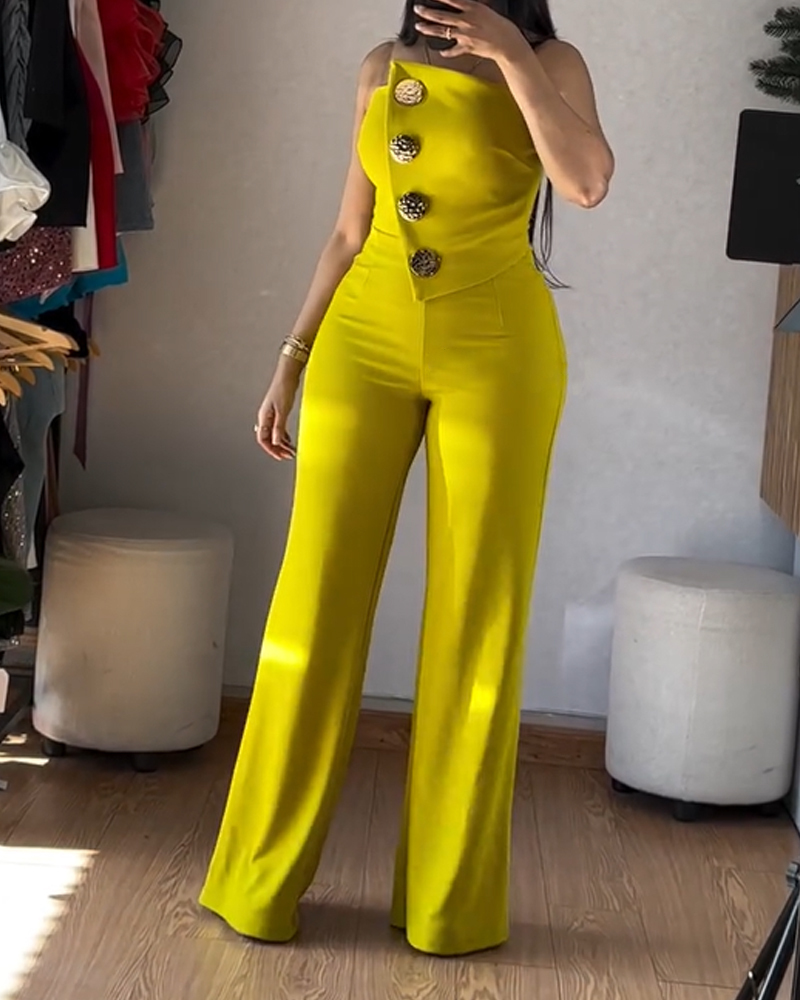 Sexy Tube Top Button-Decorated Flared Jumpsuit
