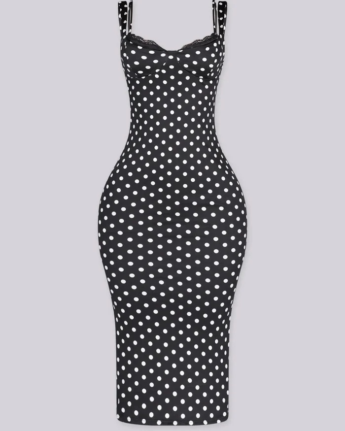 Women's Slim-Fit Sexy Stretchy Classic Polka Dot Maxi Dress