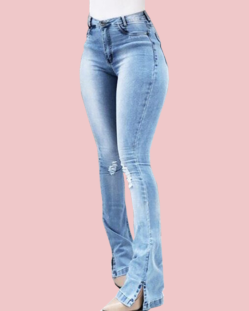 Elastic Slit Flared High Waist Jeans Women's Trousers