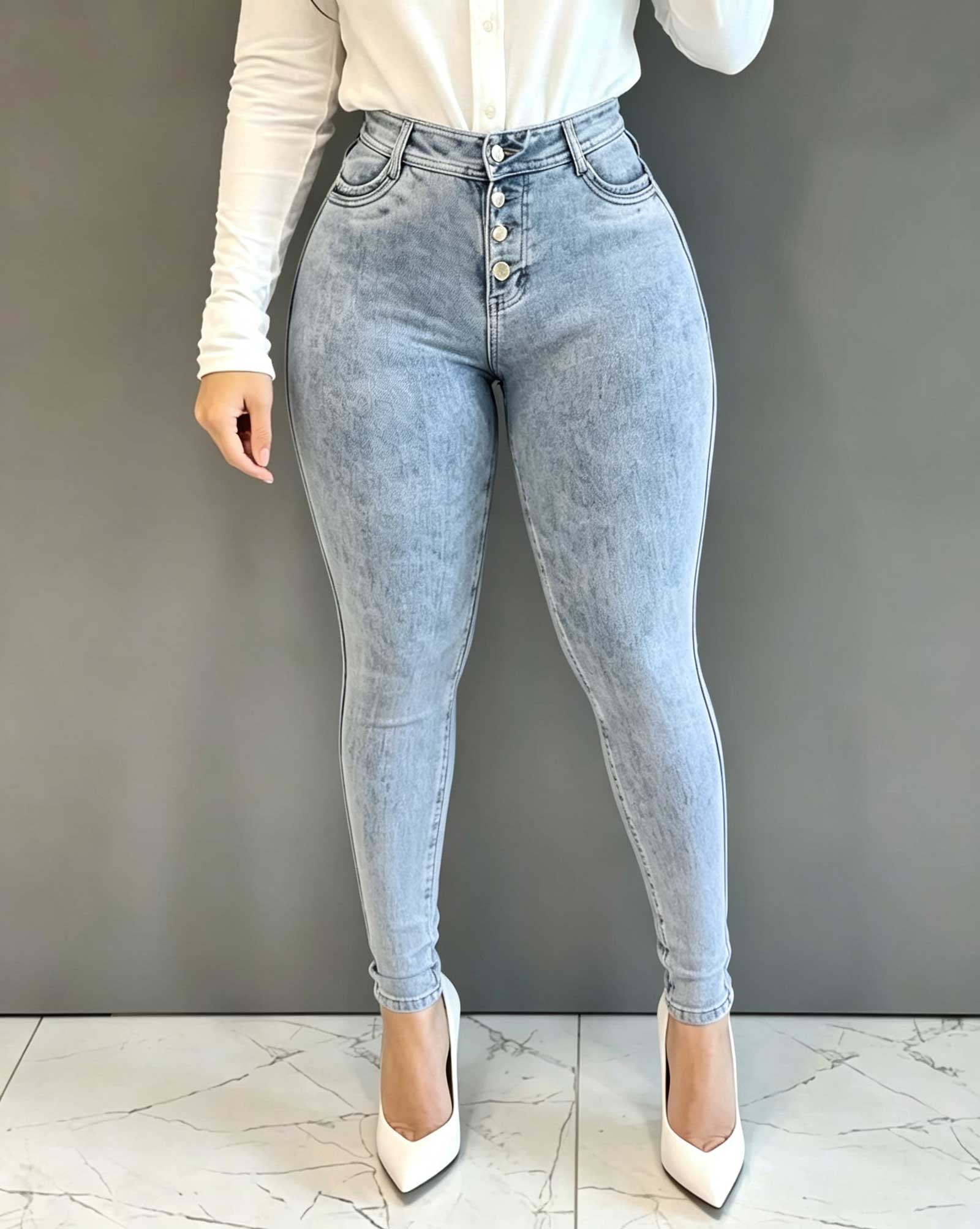 High Waisted Multi Button Stretch Slim Fit Jeans That Lift The Buttocks