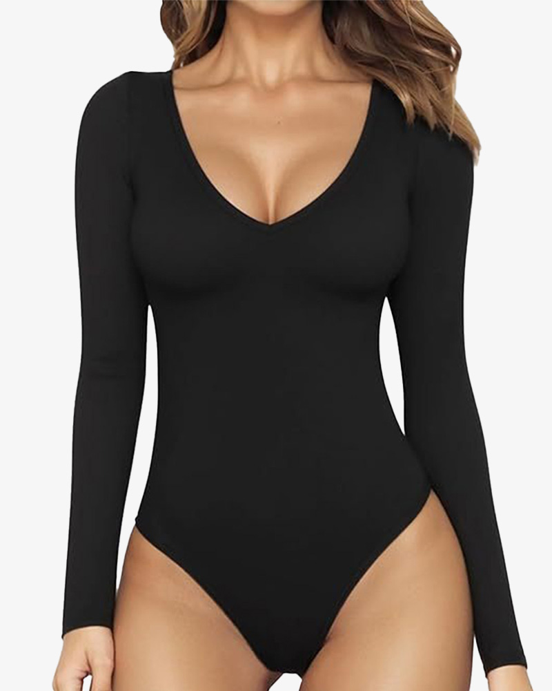 V-Neck Long Sleeve Form-Fitting Basic Bodysuit