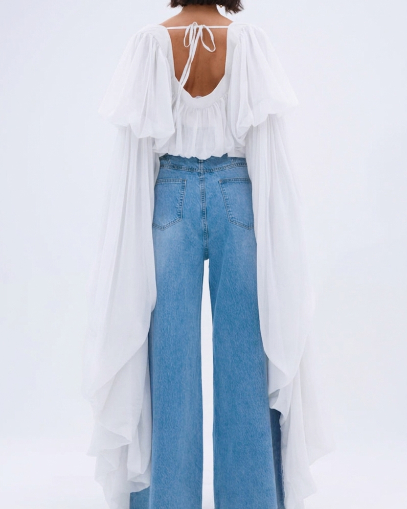 Square Neck Chiffon Ruffled Puff Sleeve Bubble Crop Top