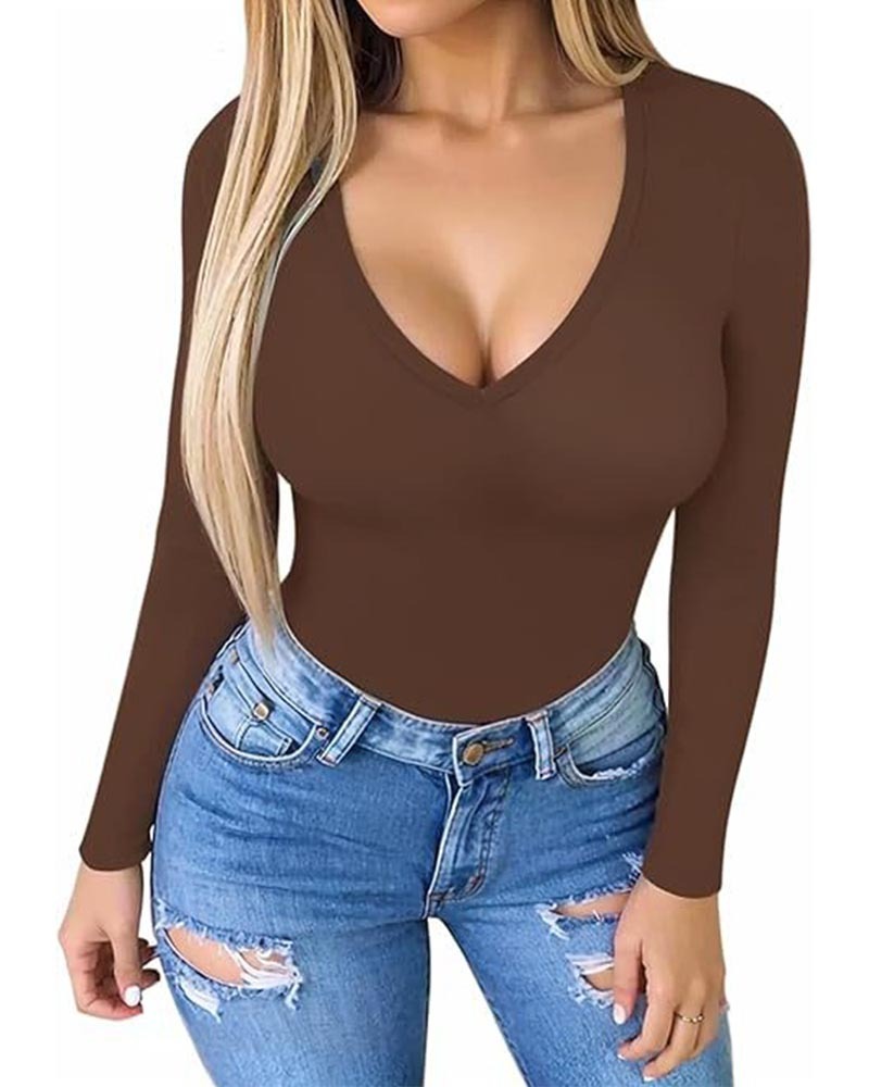 V-Neck Long Sleeve Form-Fitting Basic Bodysuit