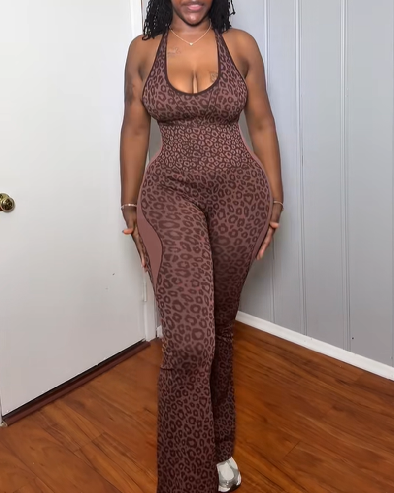 Leopard Print Criss-Cross Backless Seamless Flared Jumpsuit