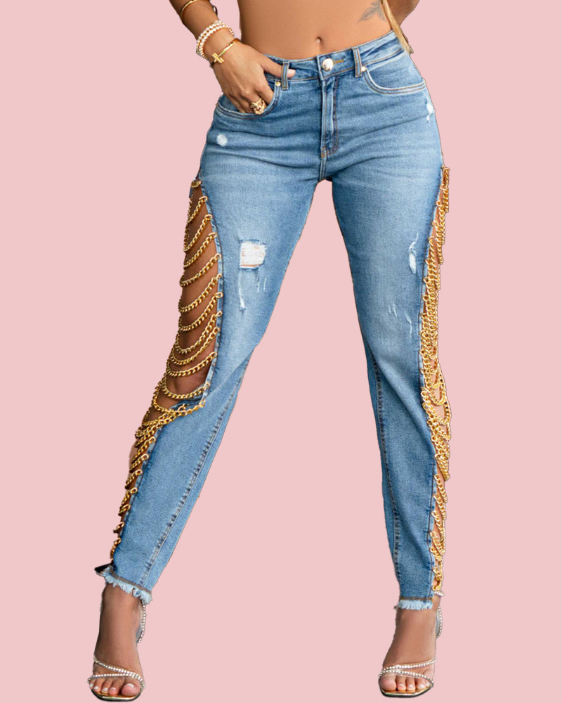 Women's High Rise Destroyed Trendy Chain Raw Hem Lace Up Sides Zipper Button Denim Jeans