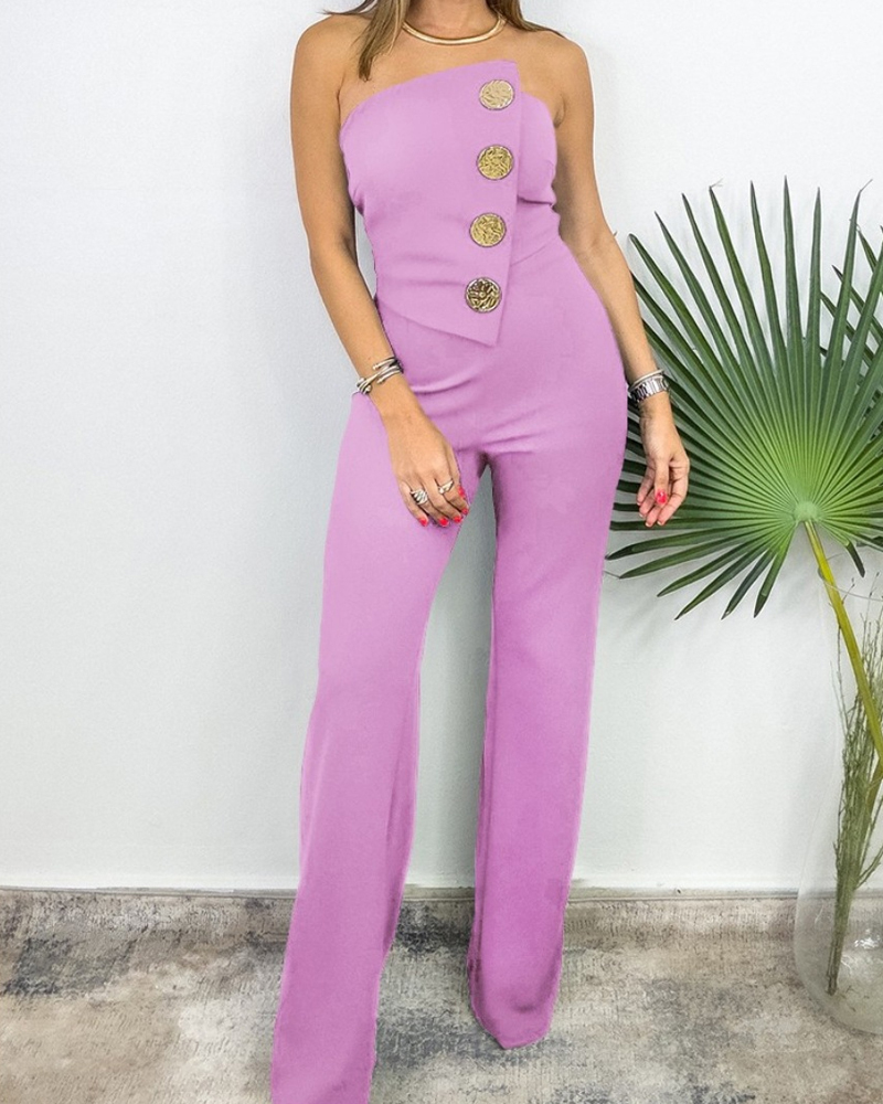 Sexy Tube Top Button-Decorated Flared Jumpsuit