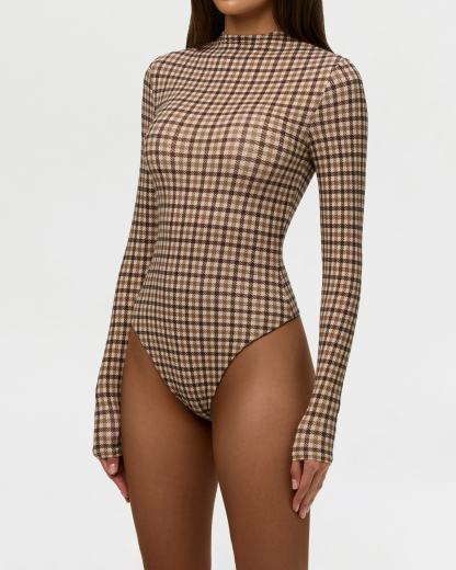 Brown Plaid Mock Neck Long Sleeve Bodysuit