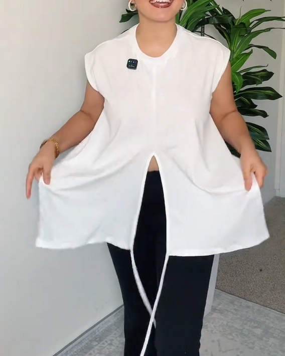 Casual Asymmetrical Criss Cross Back Tie Top For Women's Knitted Round Neck Drop Shoulder Sleeve T-Shirt