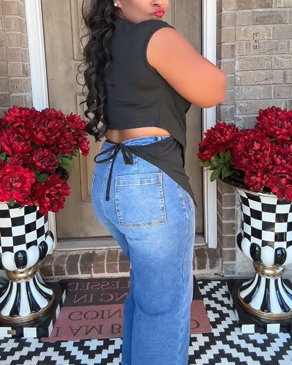 Casual Asymmetrical Criss Cross Back Tie Top For Women's Knitted Round Neck Drop Shoulder Sleeve T-Shirt