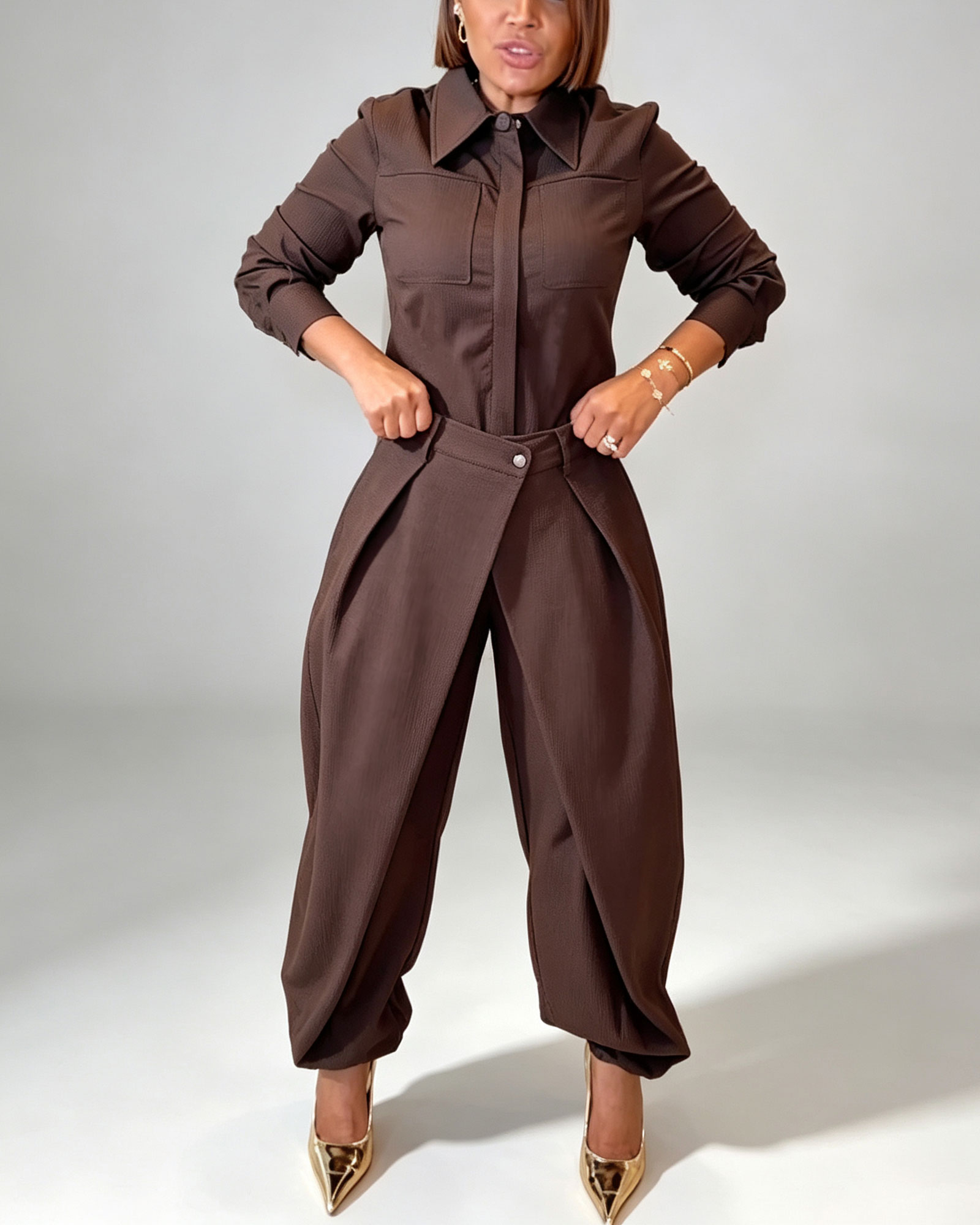 Long Sleeve Collared Button Down Shirt And Layered Wrap Style Harem Pants Set