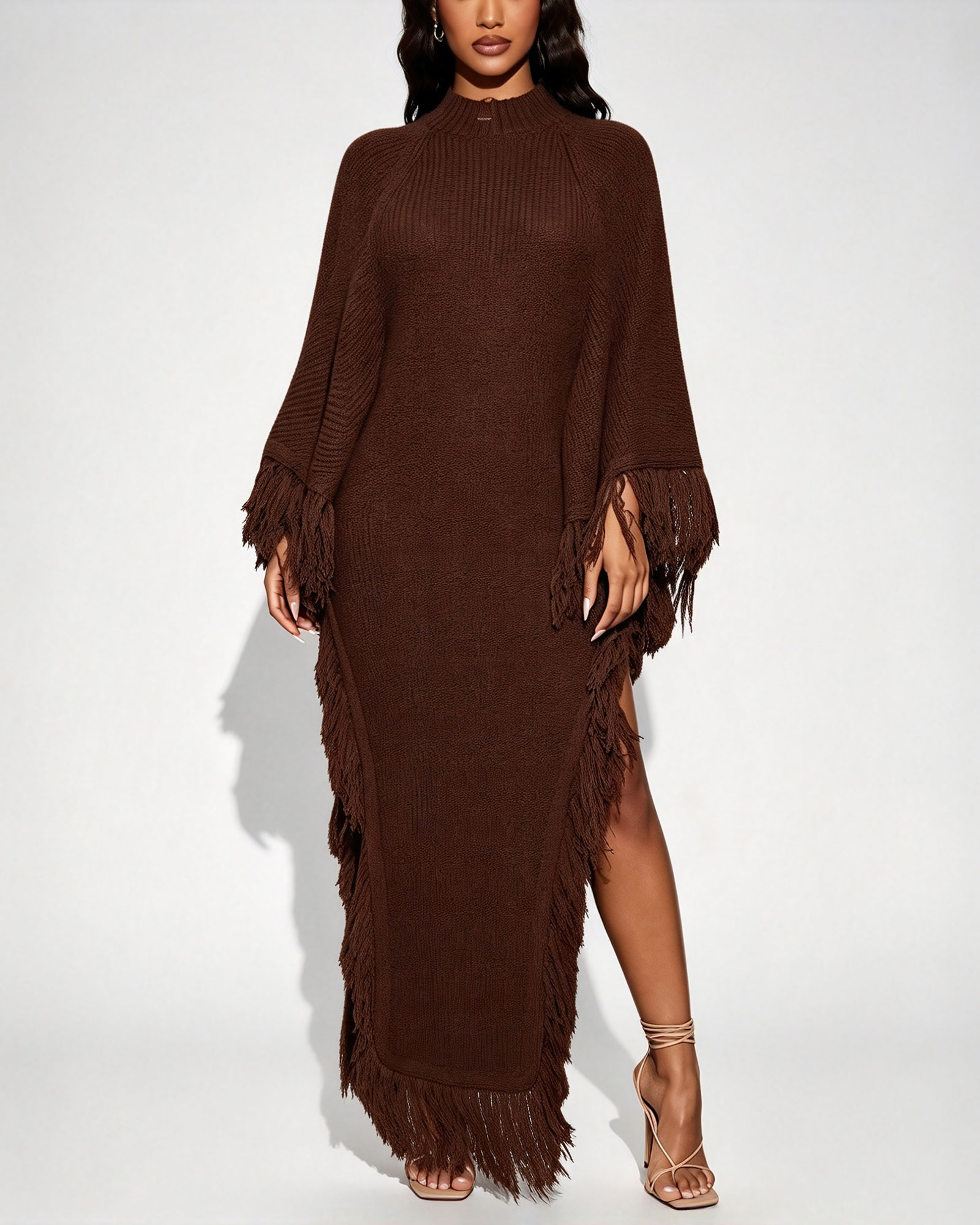Mock Neck Fringe-Trimmed Knit Maxi Dress
