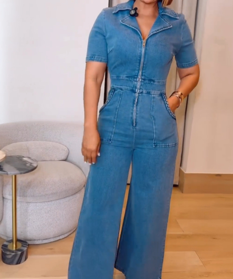 Women's Casual Short Sleeve Loose Straight Leg Demin Jumpsuits with Pockets