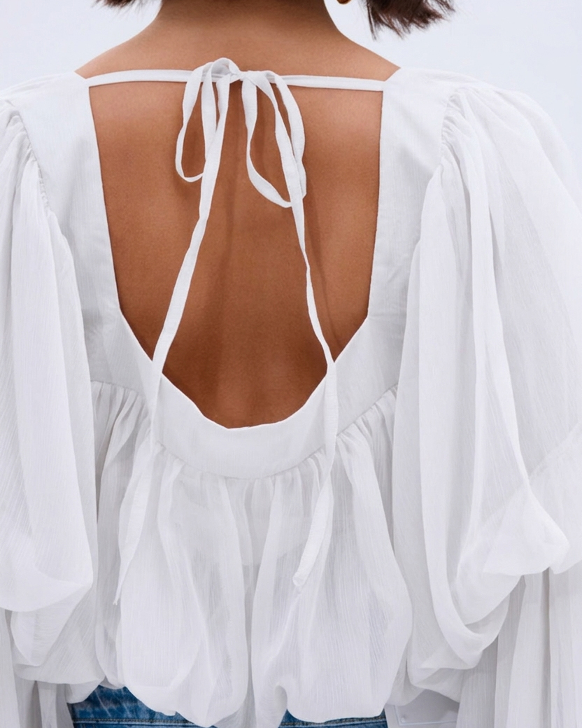 Square Neck Chiffon Ruffled Puff Sleeve Bubble Crop Top