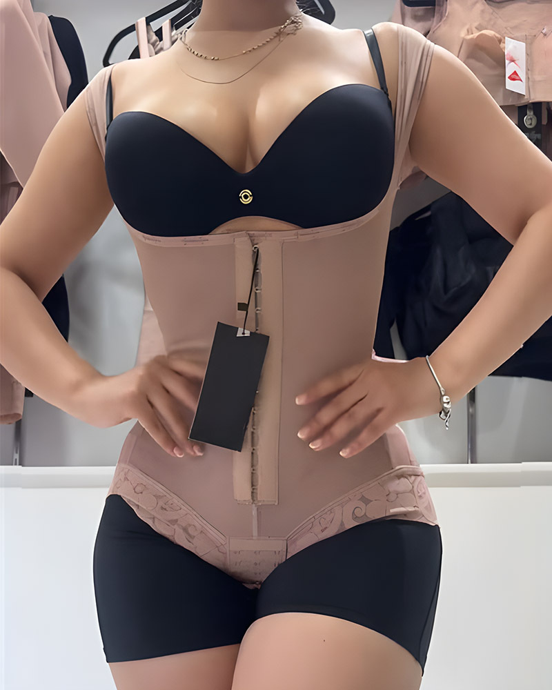 Short One-Piece Eye N Hook Shapewear With Wide Straps Tummy Control Fajas Butt-Lifting Slimming Bodysuit