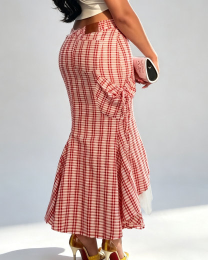 Irregular Plaid Skirt With Lace Splicing