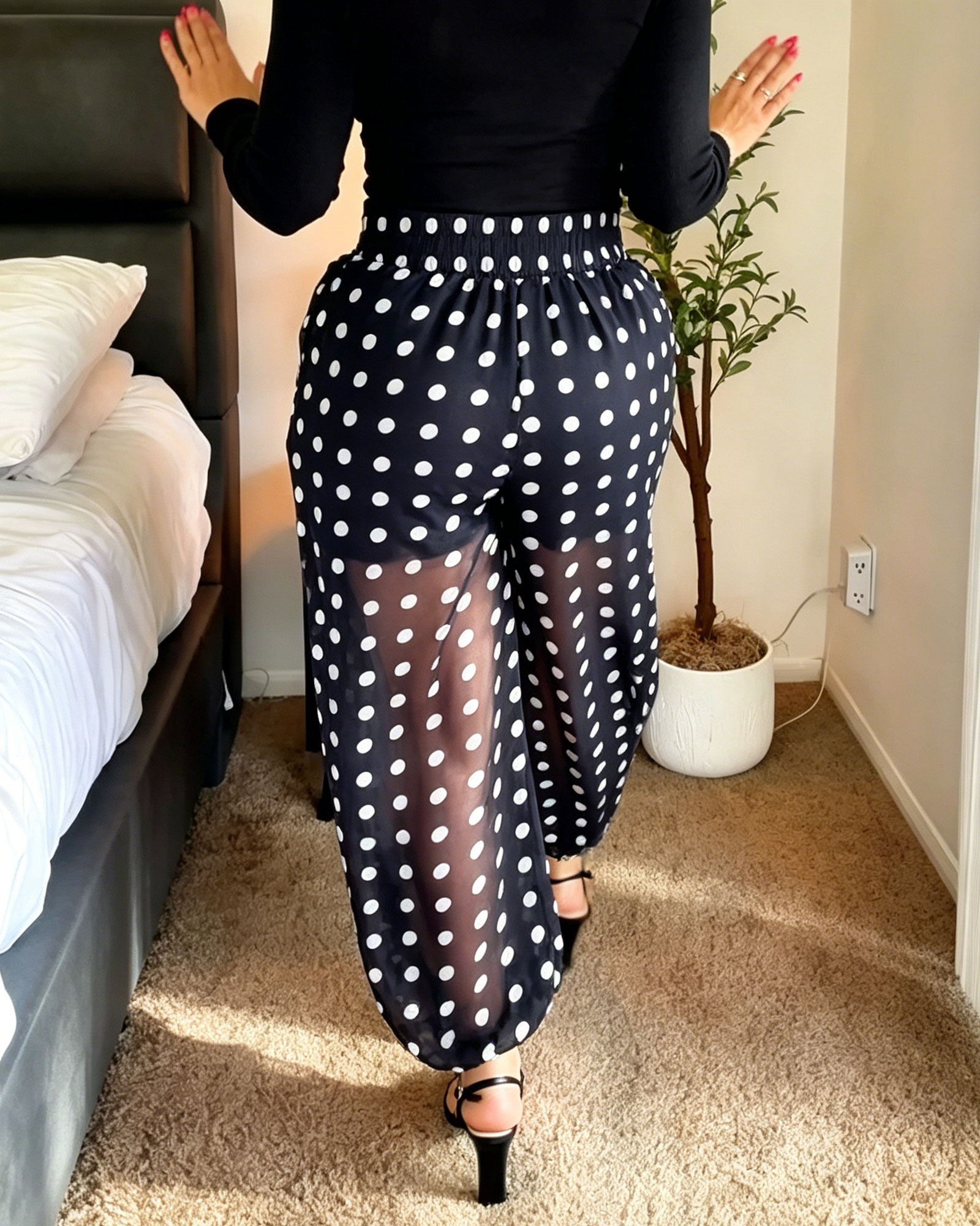 Polka Dot Sheer Mesh High Waisted Harem Pants