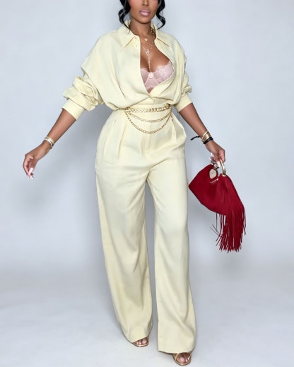 Cotton Linen Collared Long Sleeve Loose Wide Leg Jumpsuit