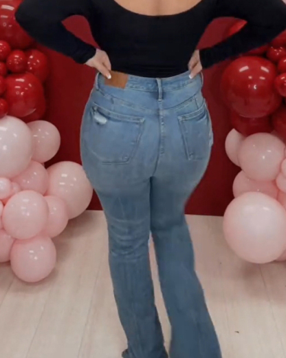 Women Stretchy High Waisted Split Flare Curvy Denim Pants