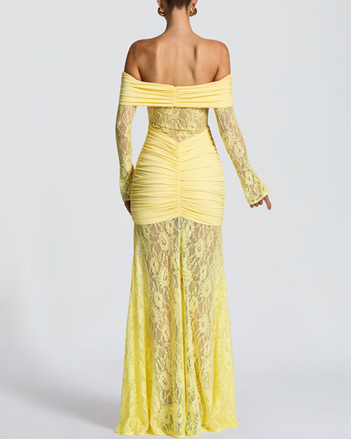 Sexy Lace Off-Shoulder Slit Long-Sleeved Dress