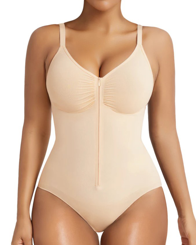 Seamless Ribbed Front Zipper Slim Tummy Control Bodysuit