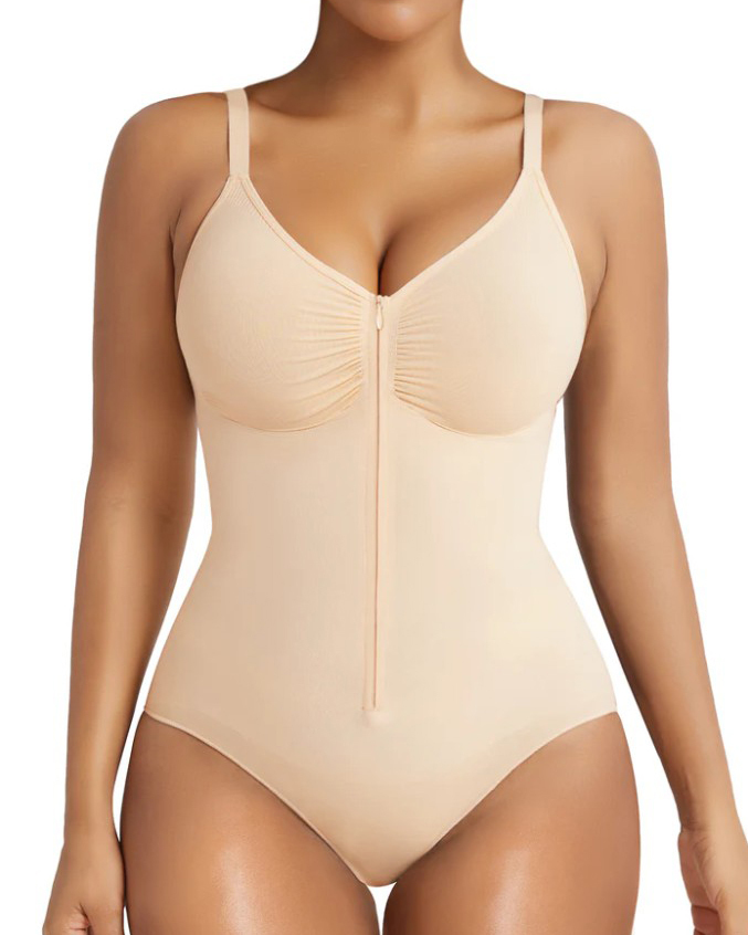 Seamless Ribbed Front Zipper Slim Tummy Control Bodysuit