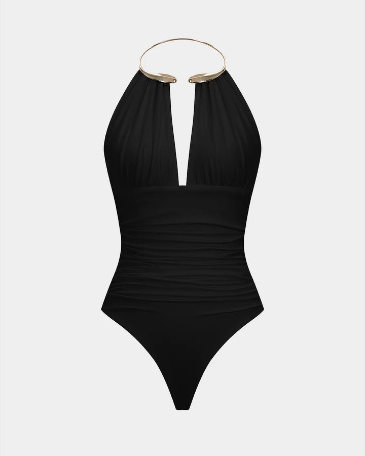 Metallic Decor Halter Neck Ruched Sleeveless Backless Bodysuit