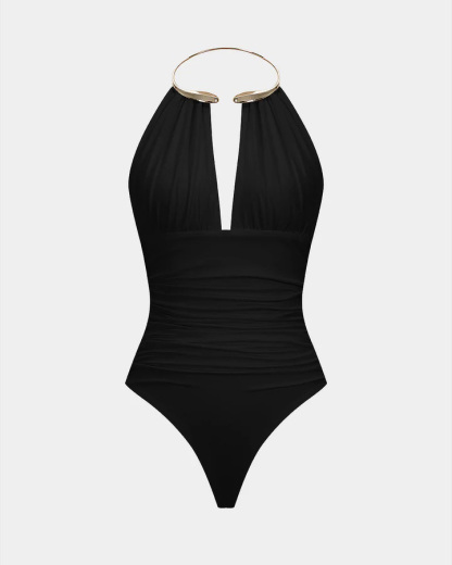 Metallic Decor Halter Neck Ruched Sleeveless Backless Bodysuit